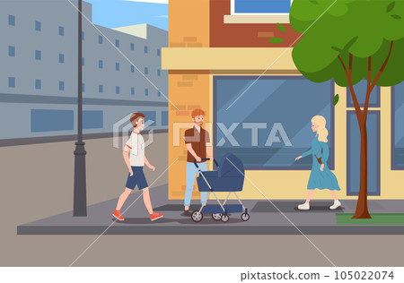 Smiling man walking with baby carriage at city scene flat style 105022074