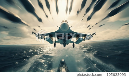 Front view of a military jet fighter landing on the deck of an aircraft carrier. Cloudy sky over the sea horizon. The interaction of the navy and aviation, military maneuvers. 3D rendering. 105022093