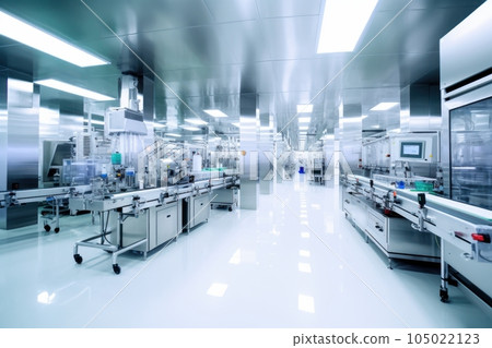 Contemporary drug production workshop interior. Spacy bright sterile room, facility with modern industrial machinery. Manufacturing process: pharmaceutics, semiconductors, biotechnology. 3D rendering. 105022123