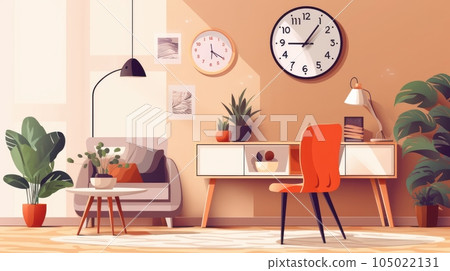 Elegant cozy boho style living room interior. Comfortable armchair with cushion and plaid, green plants in flower pots, rug on the floor, wall and table decor. Bohemian chic. Mockup, illustration. 105022131