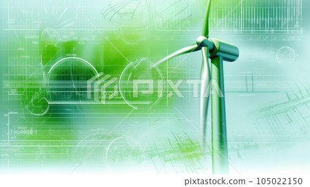 Graphic image of a windmill against the background of a sketch of energy production and use. Sustainable wind energy process. Virtual data technology. Green energy production. Mockup, illustration. Graphic image of a windmill against the background of a sketch of energy production and use. Sustainable wind energy process. Virtual data technology. Green energy production. Mockup, illustration. 105022150