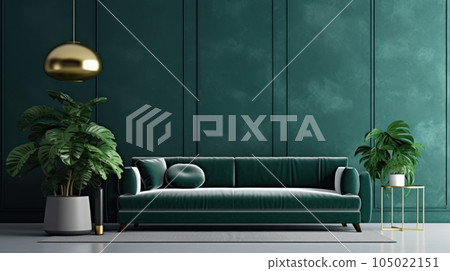 Front view of a modern luxury living room in green colors. Dark green empty walls, comfortable sofa with cushions, green plants in flower pots, stylish pendant light. Mockup, 3D rendering. Front view of a modern luxury living room in green colors. Dark green empty walls, comfortable sofa with cushions, green plants in flower pots, stylish pendant light. Mockup, 3D rendering. 105022151
