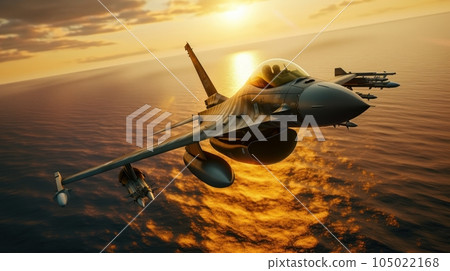 F-16 air force fighter flying over the ocean, beautiful sunset over horizon on the background. Jet military aircraft patrols territory, makes a training flight. Close up aerial view. 3D rendering. 105022168