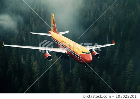 Rescue firefighting DC-10 aircraft extinguish a forest fire by dumping water on a burning coniferous forest. Saving forests, fighting forest fires. Bird's-eye view, pine forest backdrop. 3D rendering. 105022201