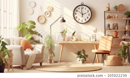 Elegant cozy boho style living room interior. Comfortable armchair with cushion and plaid, green plants in flower pots, vintage rug on the floor, wall and table decor. Bohemian chic. 3D rendering. Elegant cozy boho style living room interior. Comfortable armchair with cushion and plaid, green plants in flower pots, vintage rug on the floor, wall and table decor. Bohemian chic. 3D rendering. 105022230