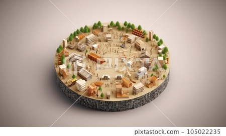 Illustration of human life, symbolizing the circular nature of economic development. Habitation, energy, industry, agriculture, science, transportation, recycling. Mockup, 3D rendering, isolated. 105022235