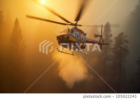 A rescue helicopter extinguishes a forest fire by dropping a large amount of water on a burning coniferous forest. Saving forests, fighting forest fires. Aerial view. 3D rendering. A rescue helicopter extinguishes a forest fire by dropping a large amount of water on a burning coniferous forest. Saving forests, fighting forest fires. Aerial view. 3D rendering. 105022243