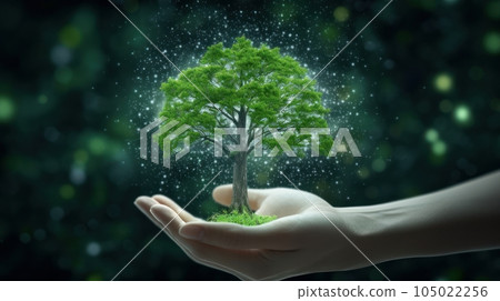 Symbolic green tree in a human hand on blurred background. Respect for nature, sustainable energy, care for the environment, ecological development. Earth Day concept. 3D rendering. 105022256