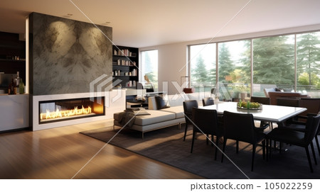 Contemporary living room interior in a luxury cottage. Large bio fireplace with marble finish, dining area, comfortable sofa. Floor-to-ceiling window with forest view. 3D rendering. 105022259