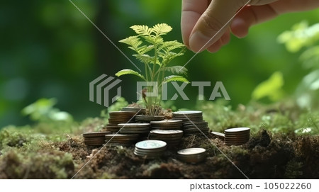 Hand putting coins with plant growing on coin stack over green blurred background. Business finance strategy, money earning and saving ideas, future investment concept. 3D rendering. Hand putting coins with plant growing on coin stack over green blurred background. Business finance strategy, money earning and saving ideas, future investment concept. 3D rendering. 105022260