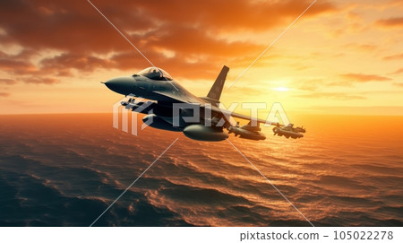 F-16 air force fighter flying over the ocean, beautiful sunset over horizon on the background. Jet military aircraft patrols territory, makes a training flight. Close up aerial view. 3D rendering. F-16 air force fighter flying over the ocean, beautiful sunset over horizon on the background. Jet military aircraft patrols territory, makes a training flight. Close up aerial view. 3D rendering. 105022278