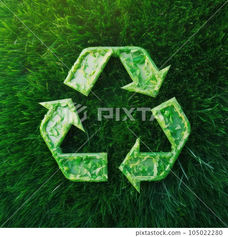 Transparent plastic recycling symbol on fresh green grass. Ecological interaction and waste recycling priority. Environmental sustainable development concept. Top view. Mockup, 3D rendering. 105022280