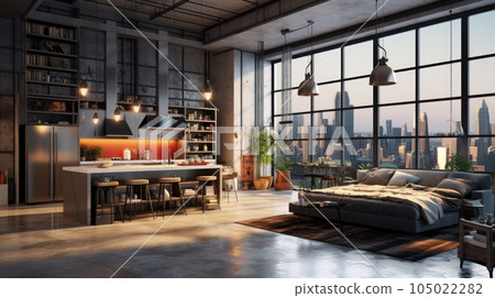 Luxury studio apartment with a free layout in a loft style in dark colors. Stylish modern kitchen area with island, cozy bedroom area, floor-to-ceiling window with stunning city view. 3D rendering. 105022282