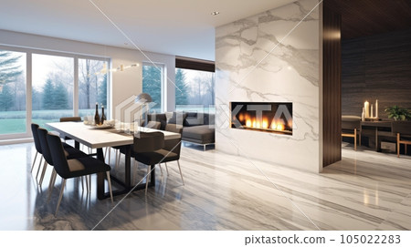 Contemporary living room interior in a luxury cottage. Large bio fireplace with marble finish, dining area, comfortable sofa. Floor-to-ceiling window with forest view. 3D rendering. 105022283