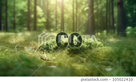 CO2 symbol on green grass in a forest. Lower carbon footprints to limit global warming and climate change. Sustainable development and business based on renewable energy. Reduce CO2 emission concept. CO2 symbol on green grass in a forest. Lower carbon footprints to limit global warming and climate change. Sustainable development and business based on renewable energy. Reduce CO2 emission concept. 105022410