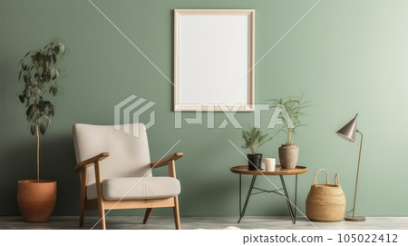 Front view of a modern luxury living room in green colors. Green wall with poster mockup, comfortable armchair, green plants in flower pots, floor lamp, home decor. Template. Front view of a modern luxury living room in green colors. Green wall with poster mockup, comfortable armchair, green plants in flower pots, floor lamp, home decor. Template. 105022412
