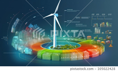Graphic image of a windmill against the background of a diagram of energy production and use. Sustainable wind energy process. Virtual data technology. Green energy production. Mockup, illustration. 105022428