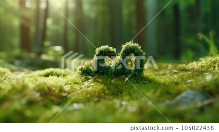 CO2 symbol on green grass in a forest. Lower carbon footprints to limit global warming and climate change. Sustainable development and business based on renewable energy. Reduce CO2 emission concept. 105022438