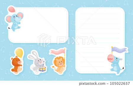 Cute Animal Parade with Flag and Balloon Note Frame Vector Template 105022637