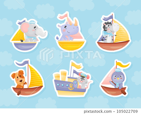 Cute Cartoon Animal on Boat Vector Sticker Set 105022709