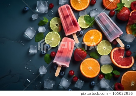 ice cream popsicles with fruits and ice cube on flat surface, high angle view, neural network generated image ice cream popsicles with fruits and ice cube on flat surface, high angle view, neural network generated image 105022936