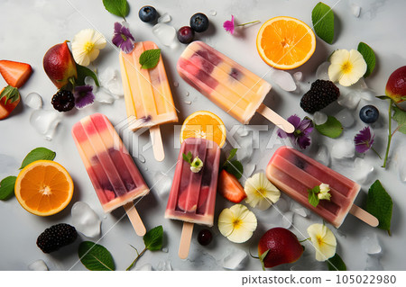 ice cream popsicles with fruits and ice cube on flat surface, high angle view, neural network generated image 105022980