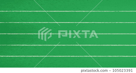Top view of a green running track, divided by horizontal markings into lanes 105023391