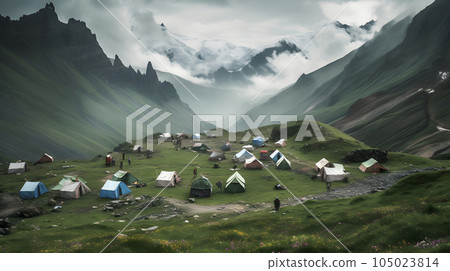 large tourist tent camp at summer highlands at sunny day, neural network generated picture 105023814