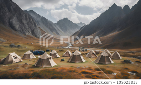large tourist tent camp at autumn highlands at sunny day, neural network generated picture 105023815