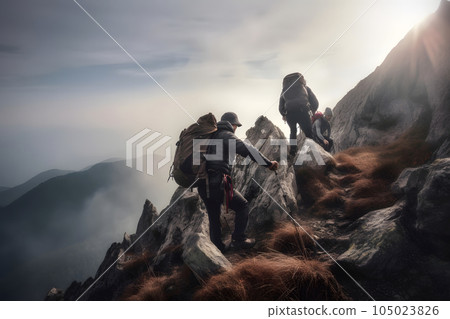 Hikers climbing on mountain. Help, risk and support concept. Neural network generated picture 105023826