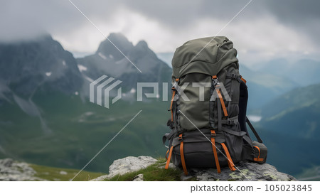 Big hiking and trekking backpack with blurred mountains in the background, neural network generated picture Big hiking and trekking backpack with blurred mountains in the background, neural network generated picture 105023845