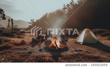 three tourists sitting near campfire and tent at autumnal morning on campground, neural network generated picture three tourists sitting near campfire and tent at autumnal morning on campground, neural network generated picture 105023859