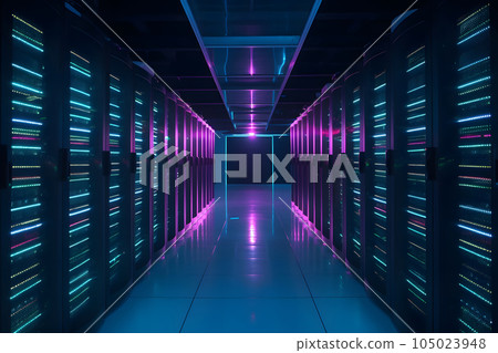 data center with multiple rows of fully operational servers in cyan-purple colors, neural network generated image data center with multiple rows of fully operational servers in cyan-purple colors, neural network generated image 105023948