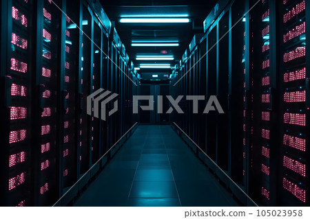 data center with multiple rows of fully operational servers in cyan-purple colors, neural network generated image data center with multiple rows of fully operational servers in cyan-purple colors, neural network generated image 105023958