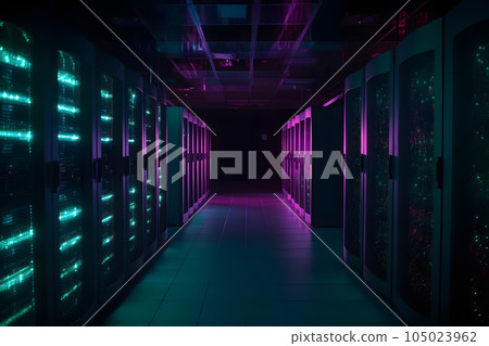 data center with multiple rows of fully operational servers in cyan-purple colors, neural network generated image data center with multiple rows of fully operational servers in cyan-purple colors, neural network generated image 105023962