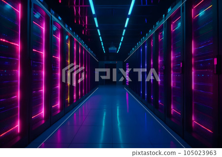data center with multiple rows of fully operational servers in cyan-purple colors, neural network generated image data center with multiple rows of fully operational servers in cyan-purple colors, neural network generated image 105023963