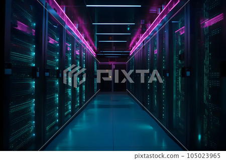 data center with multiple rows of fully operational servers in cyan-purple colors, neural network generated image data center with multiple rows of fully operational servers in cyan-purple colors, neural network generated image 105023965