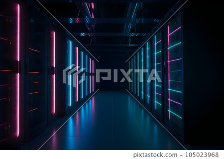 data center with multiple rows of fully operational servers in cyan-purple colors, neural network generated image 105023968