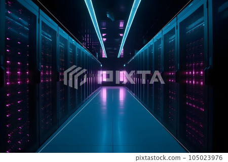 data center with multiple rows of fully operational servers in cyan-purple colors, neural network generated image data center with multiple rows of fully operational servers in cyan-purple colors, neural network generated image 105023976