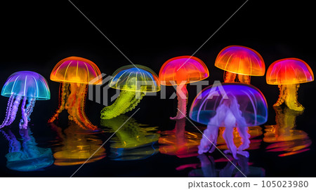 glowing sea jellyfishes on dark background, neural network generated image 105023980