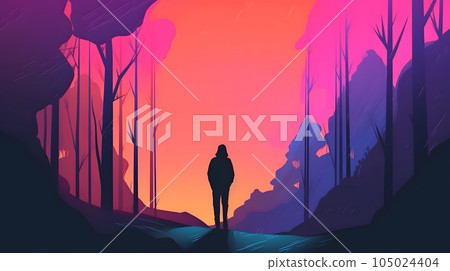 generic low-fi synthvawe gradient sunset landscape in neon colors with human silhouette in forest, neural network generated image generic low-fi synthvawe gradient sunset landscape in neon colors with human silhouette in forest, neural network generated image 105024404