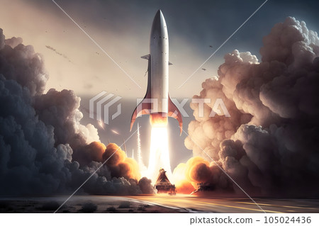 fantastic space launch system takes off on cloudy sky background, neural network generated image 105024436