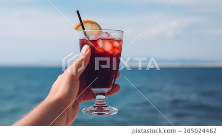 caucasian hand holding glass of red fruit cocktail on blurry sea horizon background at sunny day, neural network generated image caucasian hand holding glass of red fruit cocktail on blurry sea horizon background at sunny day, neural network generated image 105024462