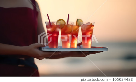 midsection of waitress carrying cocktails on summer sandy beach at day light, neural network generated image 105024488