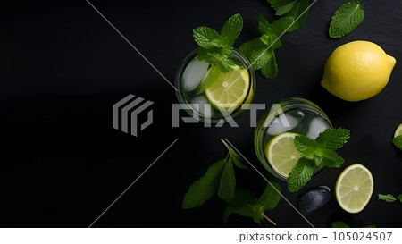 Top view of refreshing mint cocktail mojito in a glass on black background with lemon, mint leaves and ice, neural network generated image 105024507