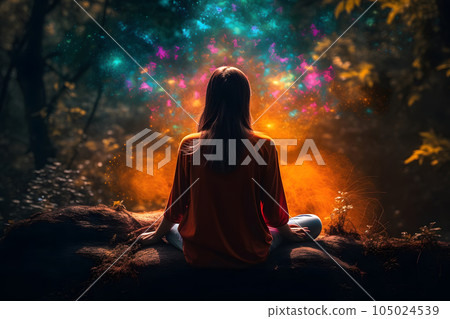 Woman meditating with colourful nature energy appearing around, neural network generated image Woman meditating with colourful nature energy appearing around, neural network generated image 105024539