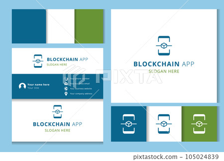 Blockchain app logo design with editable slogan. Branding book and business card template. 105024839