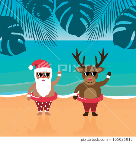 cute santa and deer with sunglasses on paradise beach summer christmas holiday 105025913