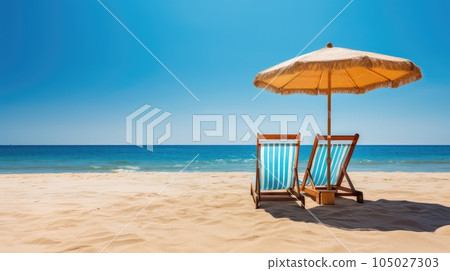 Beach chairs and umbrella on a white sandy beach. Generative AI Beach chairs and umbrella on a white sandy beach. Generative AI 105027303