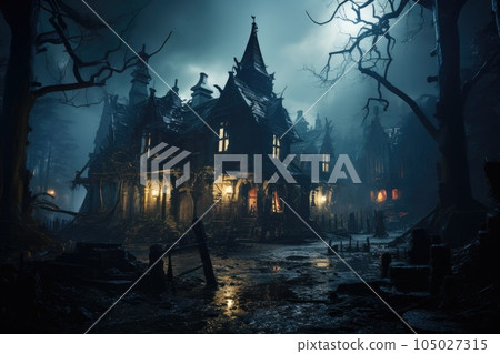Old haunted abandoned mansion in creepy night forest. Halloween haunted house. Generative AI 105027315